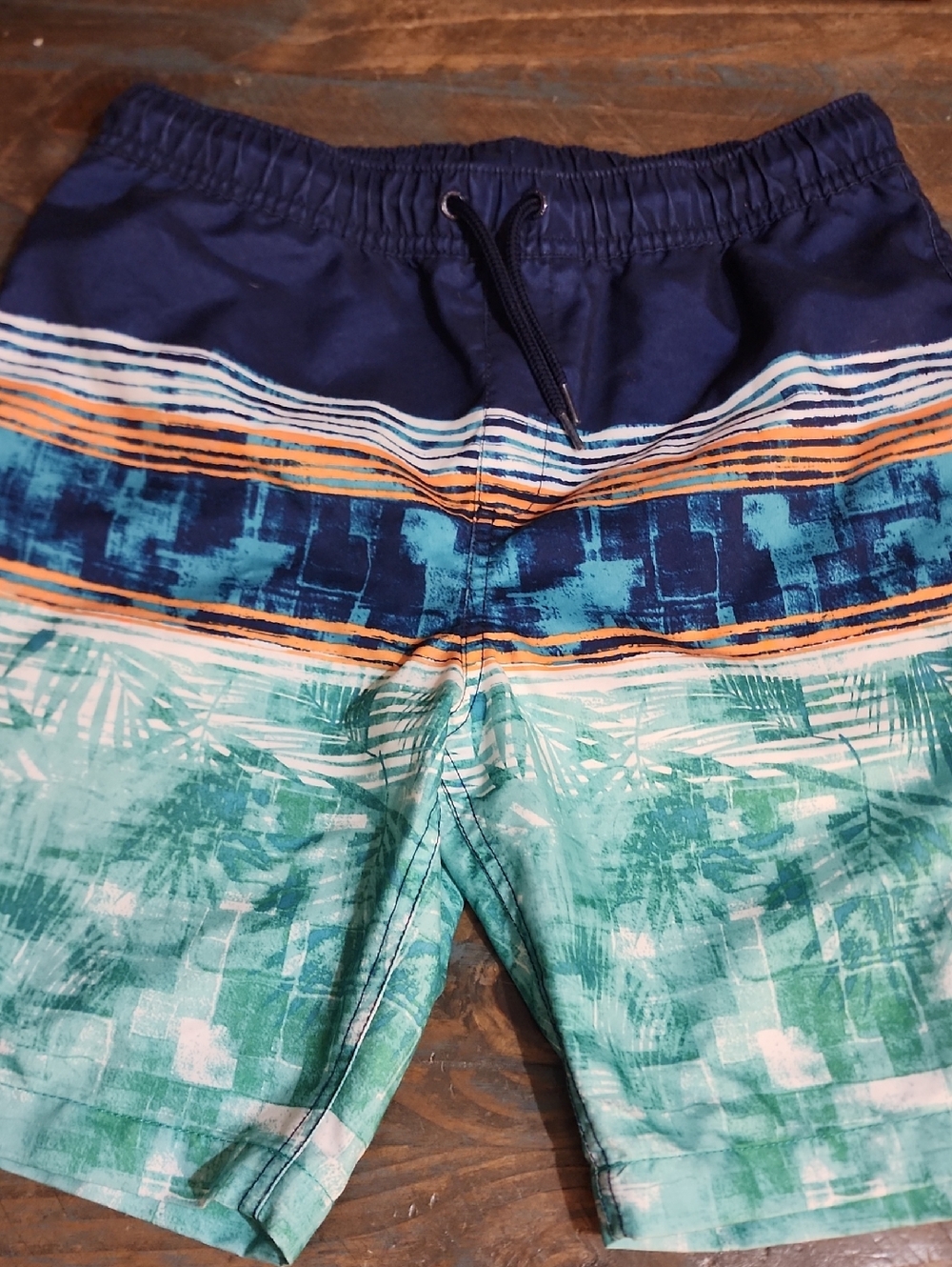 Men's Tropical Stripe Swim Trunks - Navy & Teal Youth 10/12